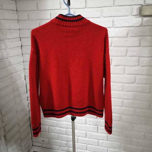 Tommy Hilfiger Ladies Size Large Red w/ Navy Stripes Crew Neck Sweater - Picture 2 of 6
